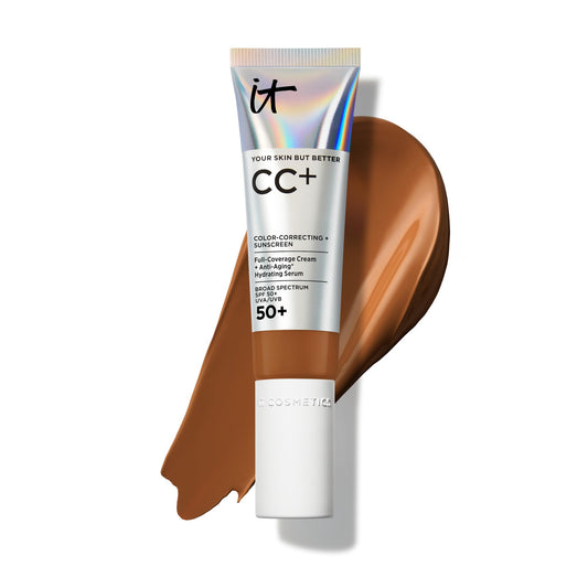 IT Cosmetics CC+ Cream Deep Honey bottle demonstrates full coverage for a natural complexion.