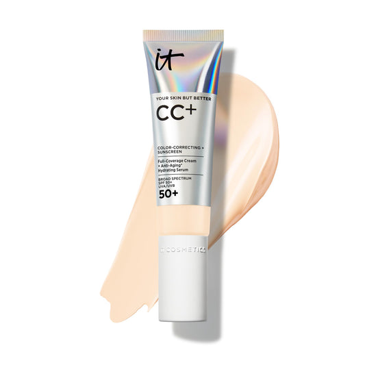 IT Cosmetics CC+ Cream Fair Warm bottle shows full-coverage foundation with SPF 50+ protection for radiant, even-toned skin