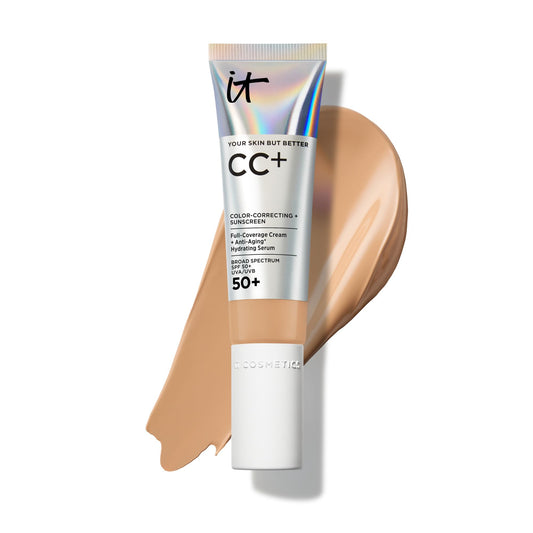 IT Cosmetics CC+ Cream Neutral Tan bottle with pump for easy, even coverage.