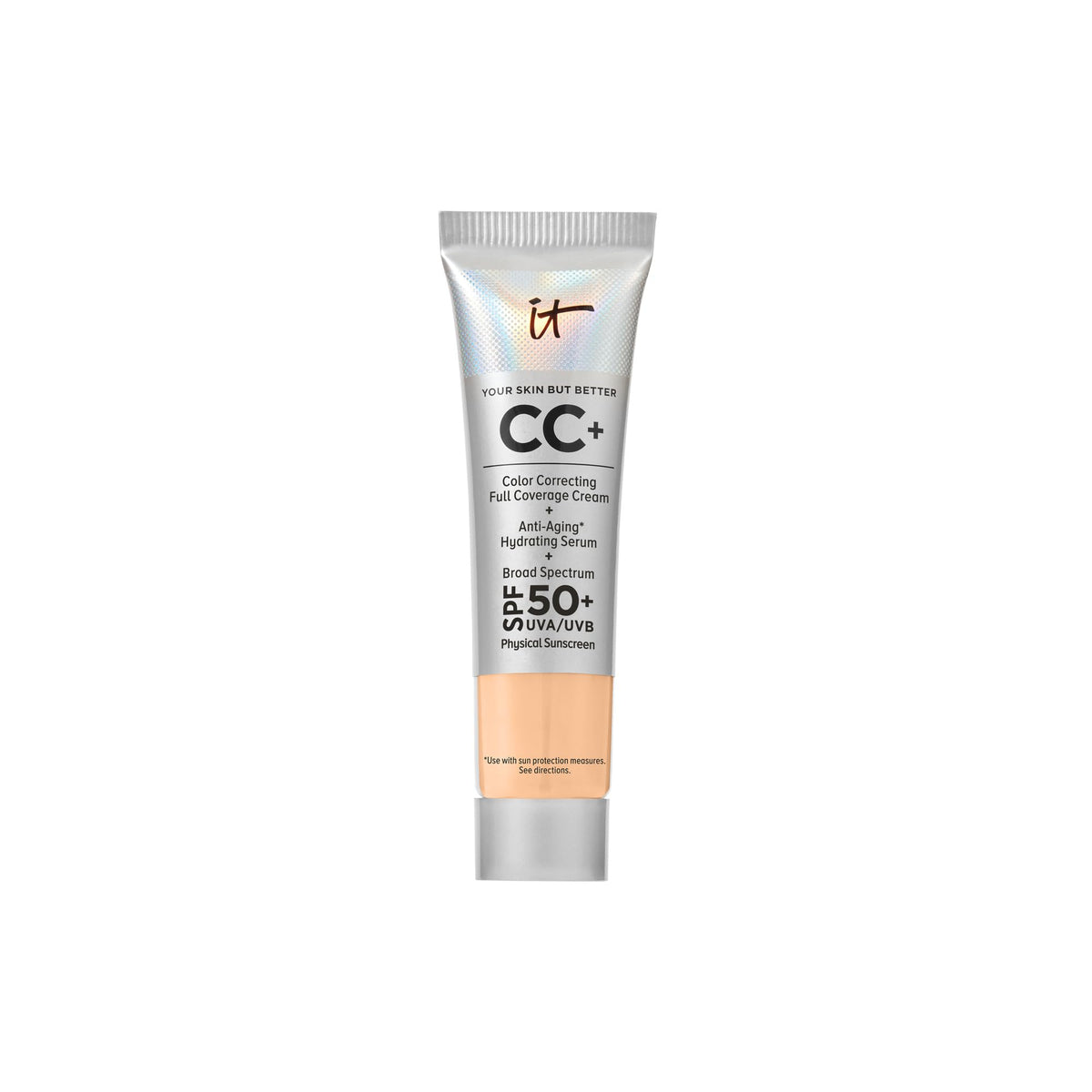 IT Cosmetics CC+ Cream Travel bottle with pump offers on-the-go full coverage and SPF protection.
