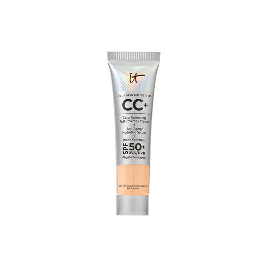 IT Cosmetics CC+ Cream Travel bottle with pump offers on-the-go full coverage and SPF protection.