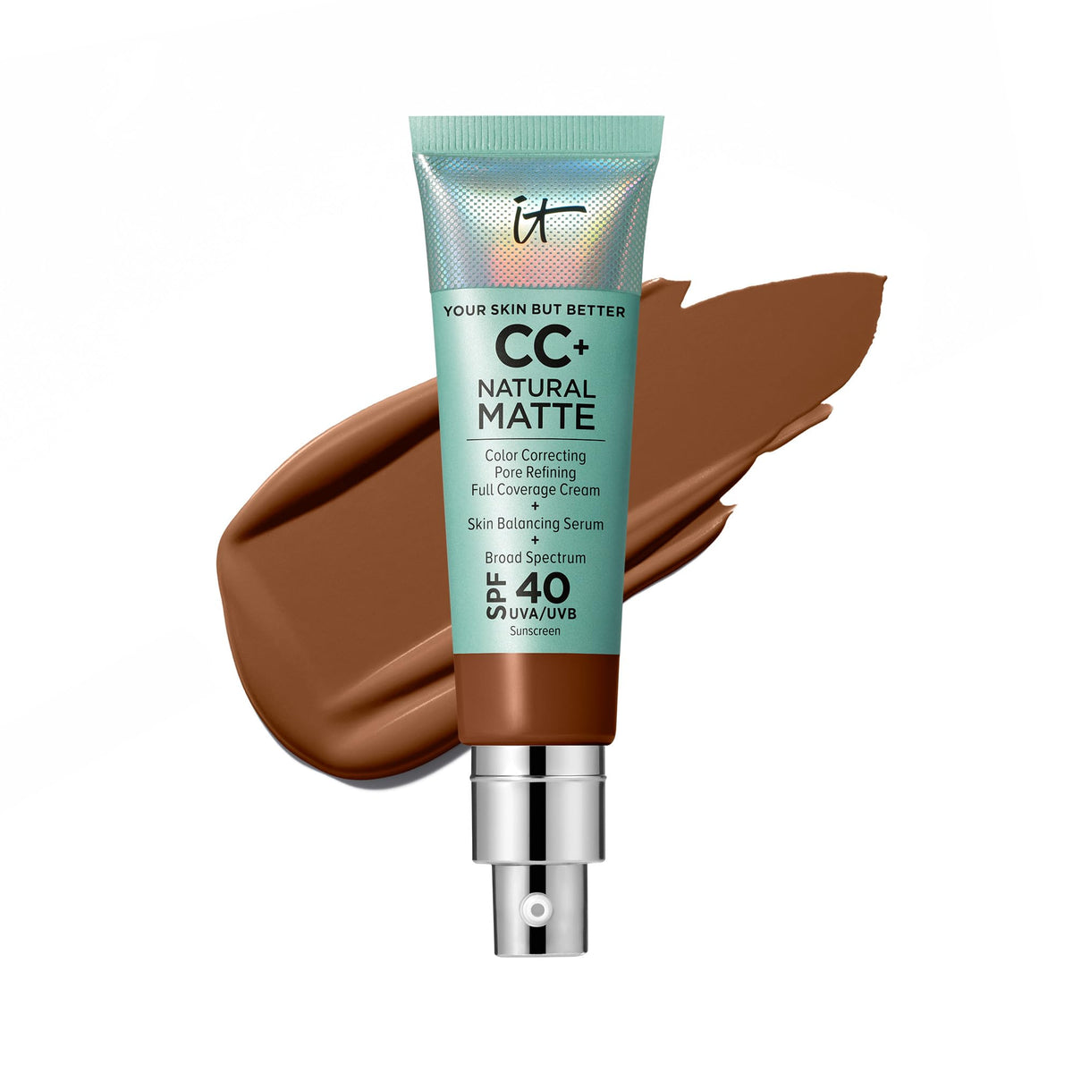 IT Cosmetics CC+ Cream Natural Matte Deep bottle close-up shows sleek packaging with pore-blurring potential