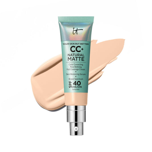 IT Cosmetics CC+ Cream Natural Matte Fair bottle close-up showing oil control
