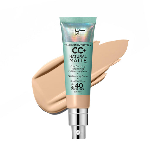 IT Cosmetics CC+ Natural Matte Light bottle demonstrates matte finish and SPF 40 protection.