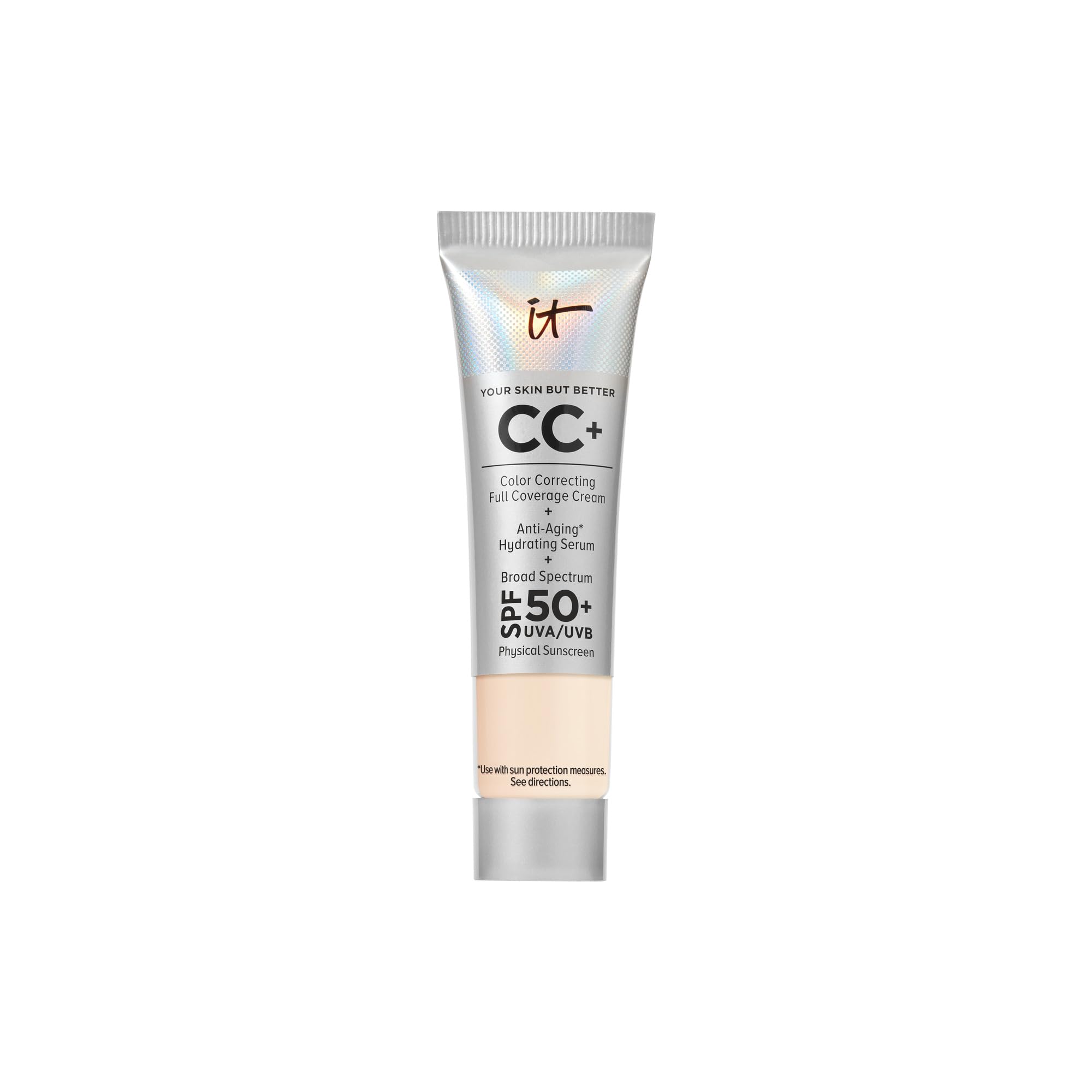 IT Cosmetics CC+ Travel Cream bottle shows SPF 50+ protection for daily sun care.