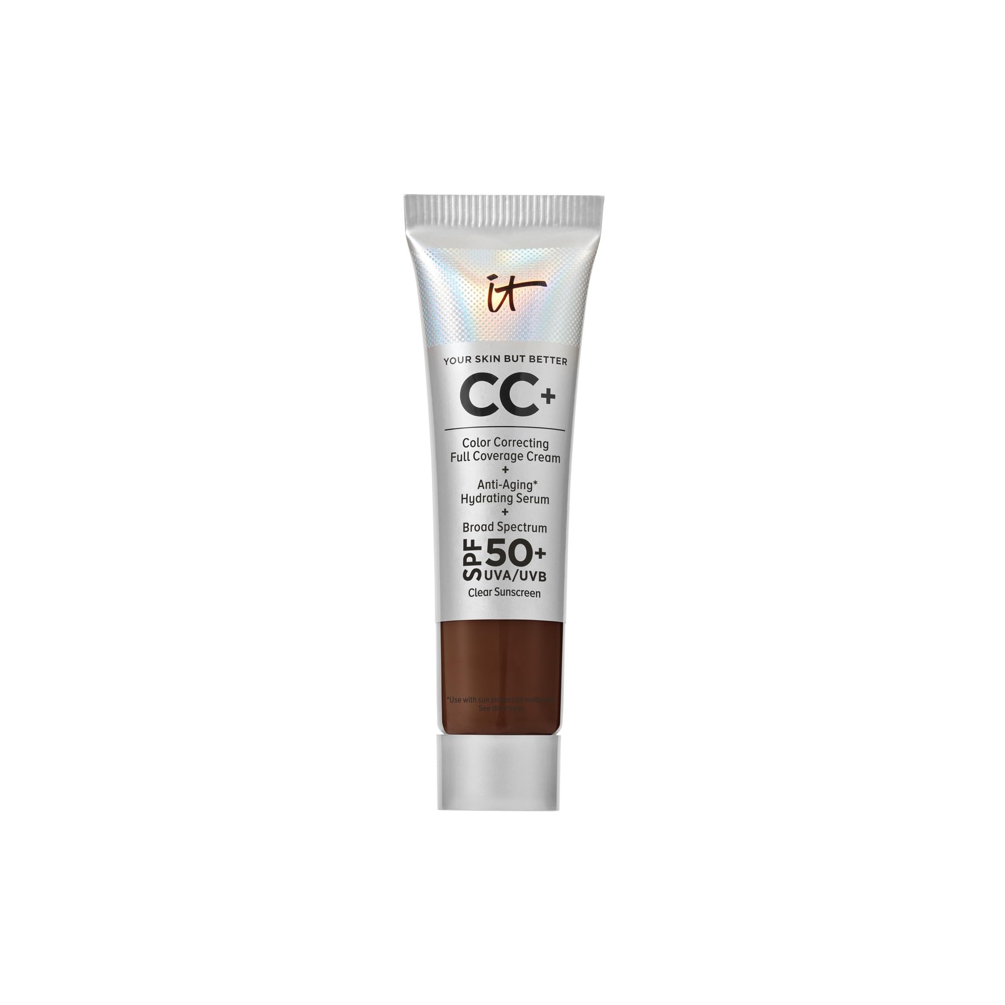 IT Cosmetics CC+ Cream Travel Deep Mocha bottle showing broad SPF 50+ protection for deeper tones