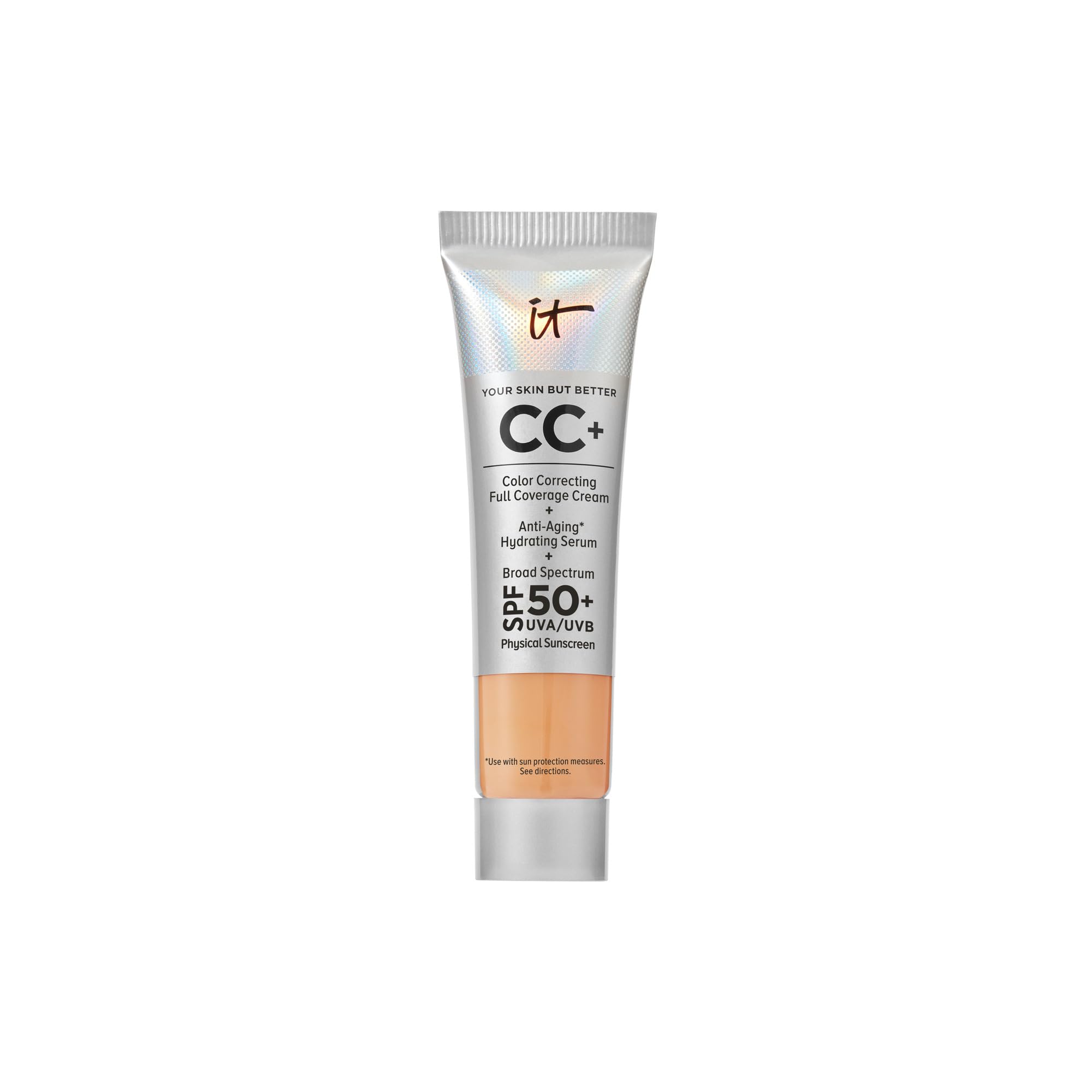 IT Cosmetics CC+ Cream Travel Neutral Tan bottle close-up showing full-coverage finish