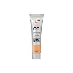IT Cosmetics CC+ Cream Travel Neutral Tan bottle close-up showing full-coverage finish