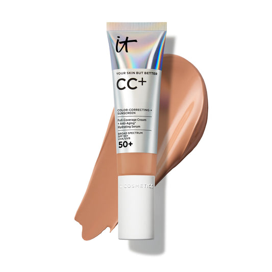 IT Cosmetics CC+ Cream Tan Rich bottle with pump for even coverage.