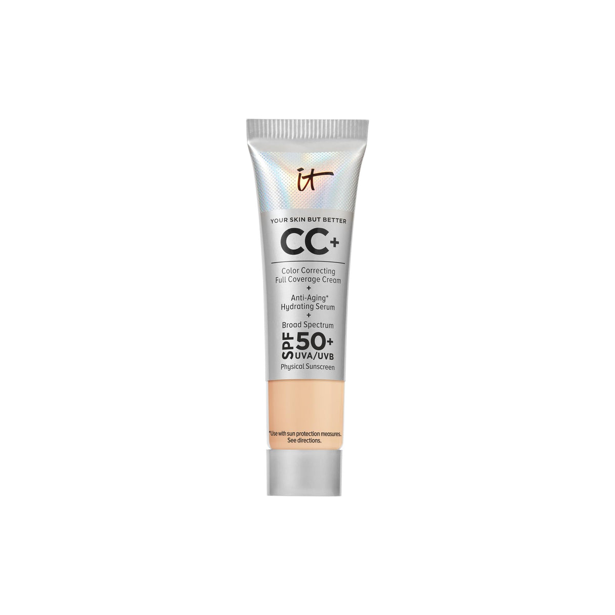 It Cosmetics CC+ Cream Travel bottle close-up showing portable foundation with SPF 50+ protection