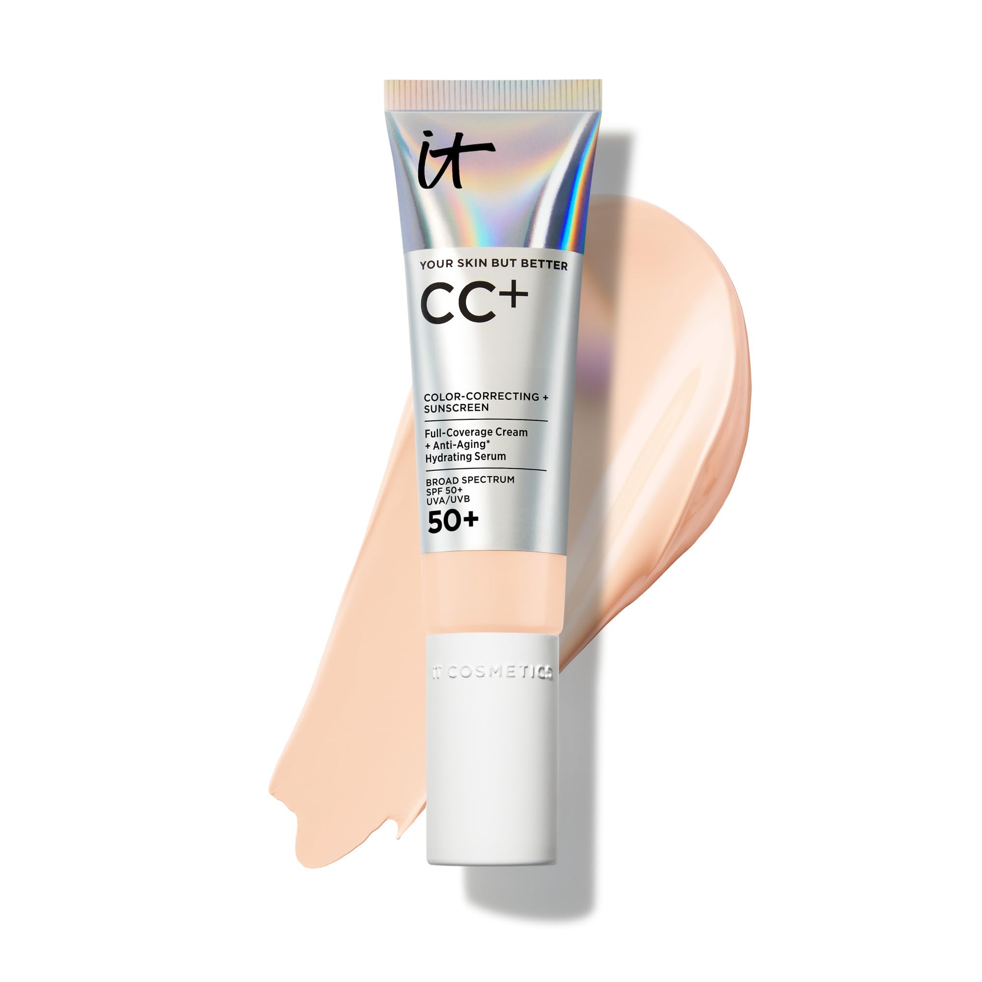 It Cosmetics CC+ Cream Fair Beige bottle ready for easy, even coverage and SPF 50+.