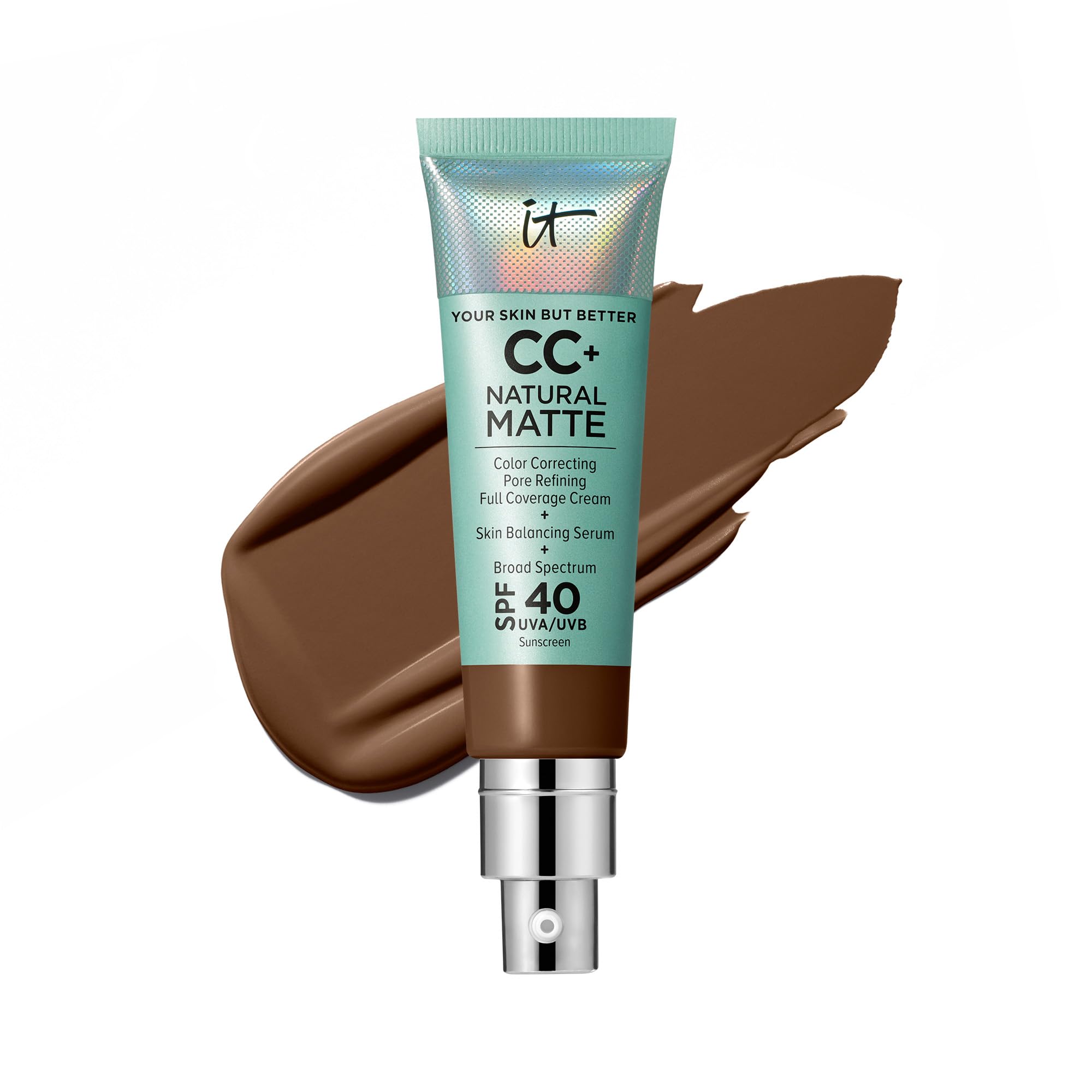 IT Cosmetics CC+ Natural Matte bottle front shows SPF 40 and oil control benefits.