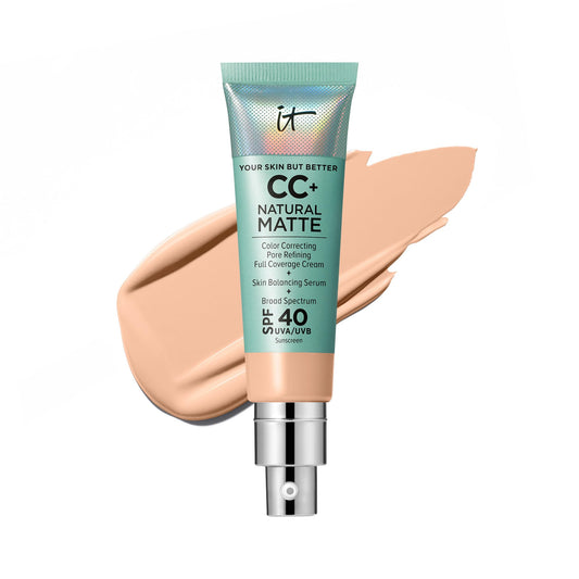 IT Cosmetics CC+ Natural Matte bottle highlights oil-control for a shine-free finish.