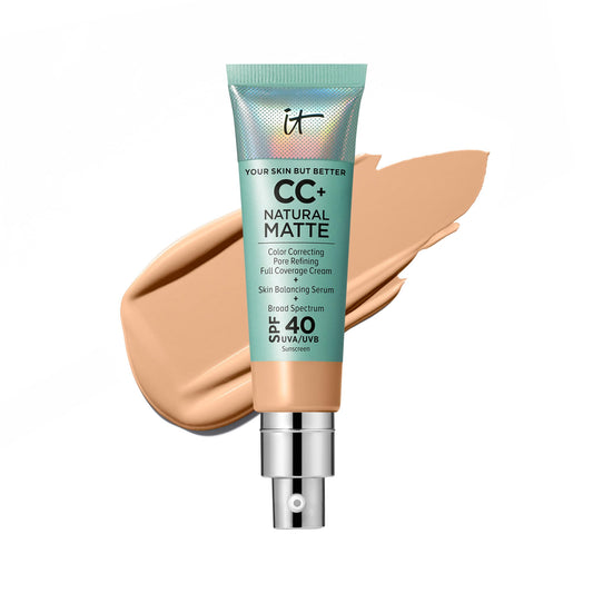 IT Cosmetics CC+ Natural Matte medium bottle closeup highlights matte finish and SPF 40 protection