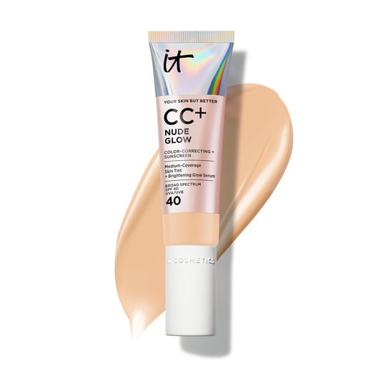 IT Cosmetics CC+ Nude Glow bottle front shows a lightweight radiant finish for daily wear.