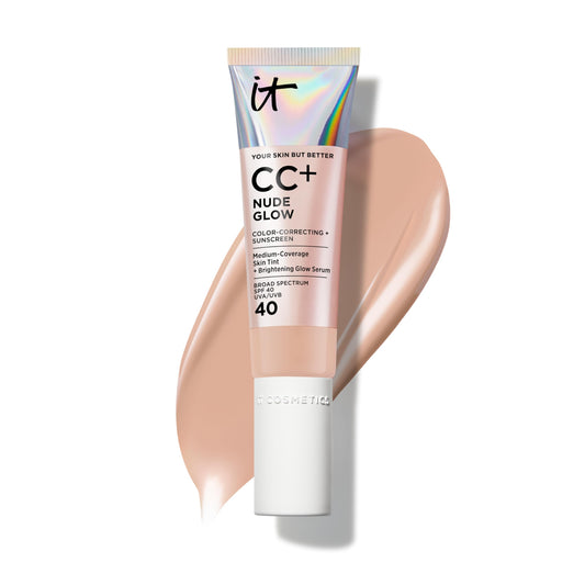 IT Cosmetics CC+ Nude Glow bottle with a pump for easy, lightweight application.