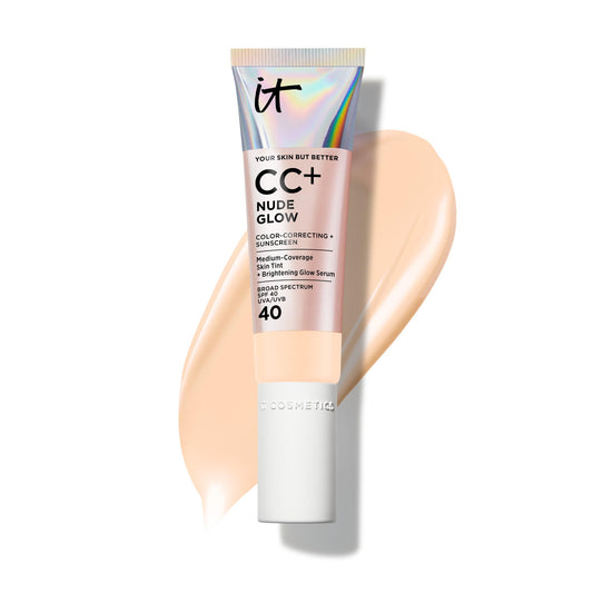 IT Cosmetics CC+ Nude Glow bottle showing SPF 40 protection and a luminous finish