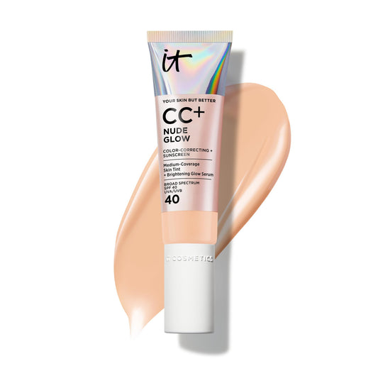 IT Cosmetics CC+ Nude Glow bottle shows lightweight coverage and radiant finish.