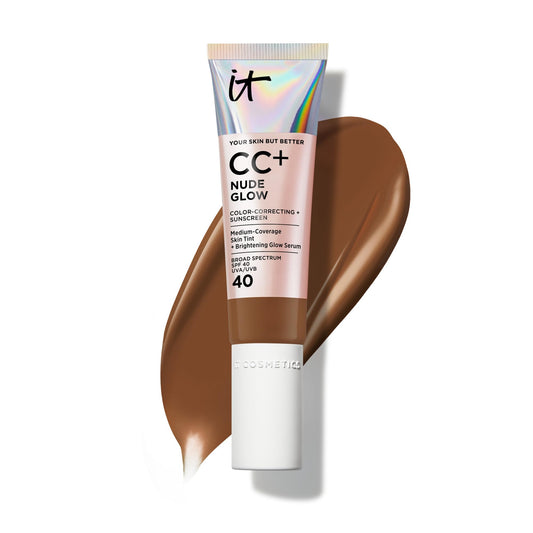 IT Cosmetics CC+ Nude Glow Deep Mocha bottle with SPF 40 for radiant skin