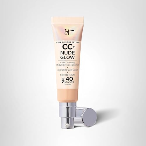 Model wearing IT Cosmetics Nude Glow for a dewy finish.