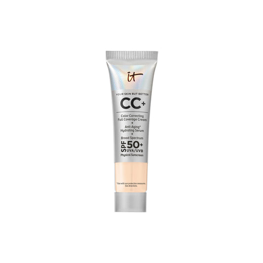 IT Cosmetics CC+ Cream Travel bottle in Fair Warm with SPF 50+ protection.