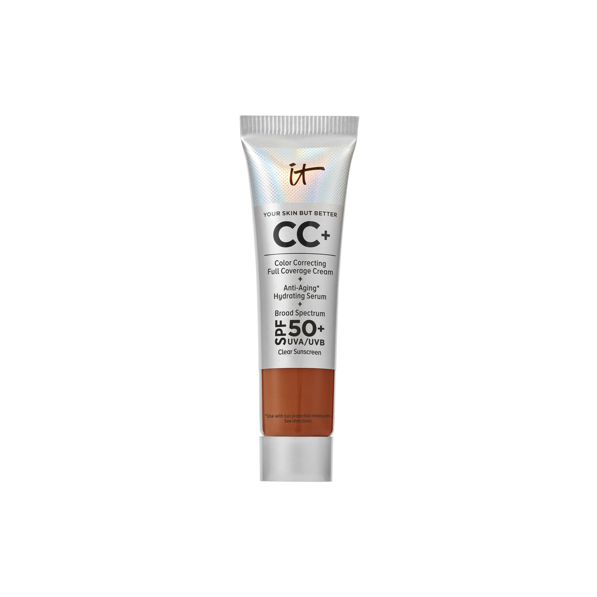 IT Cosmetics CC+ Travel Deep bottle pour showing spill-free dispensing for on-the-go coverage