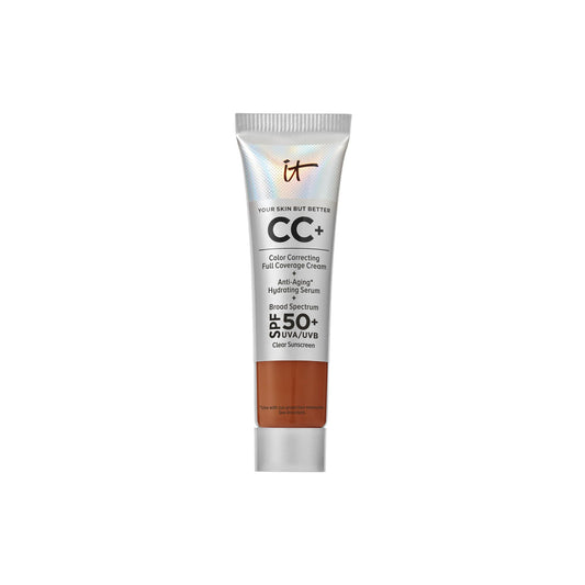 IT Cosmetics CC+ Travel Deep bottle pour showing spill-free dispensing for on-the-go coverage