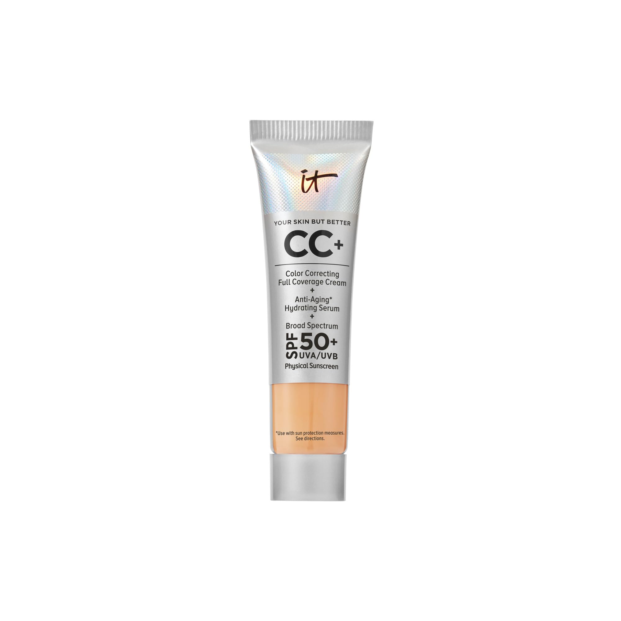 IT Cosmetics CC+ Travel Bottle: portable foundation with SPF 50+ for on-the-go coverage.