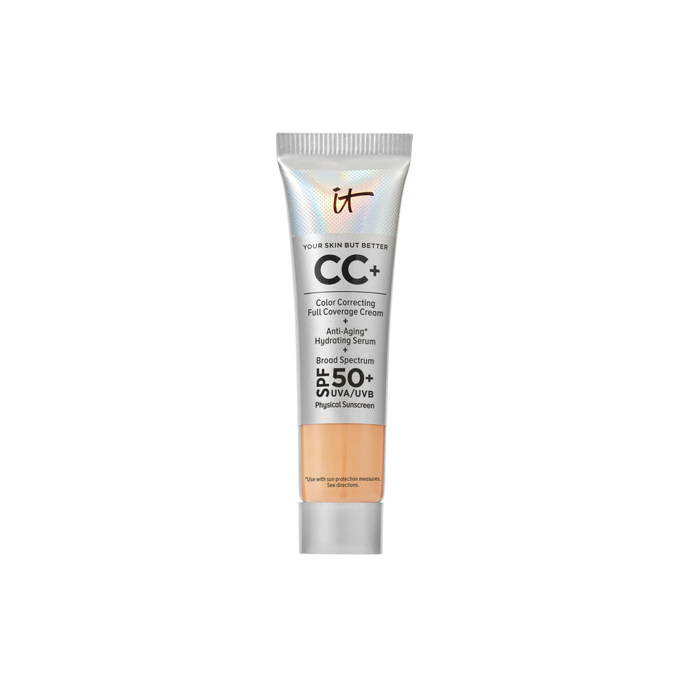 IT Cosmetics CC+ Travel Bottle: portable foundation with SPF 50+ for on-the-go coverage.