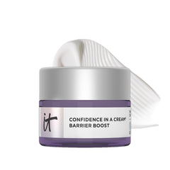 IT Cosmetics Confidence in a Cream Barrier Boost bottle shows fragrance-free hydration for sensitive skin.