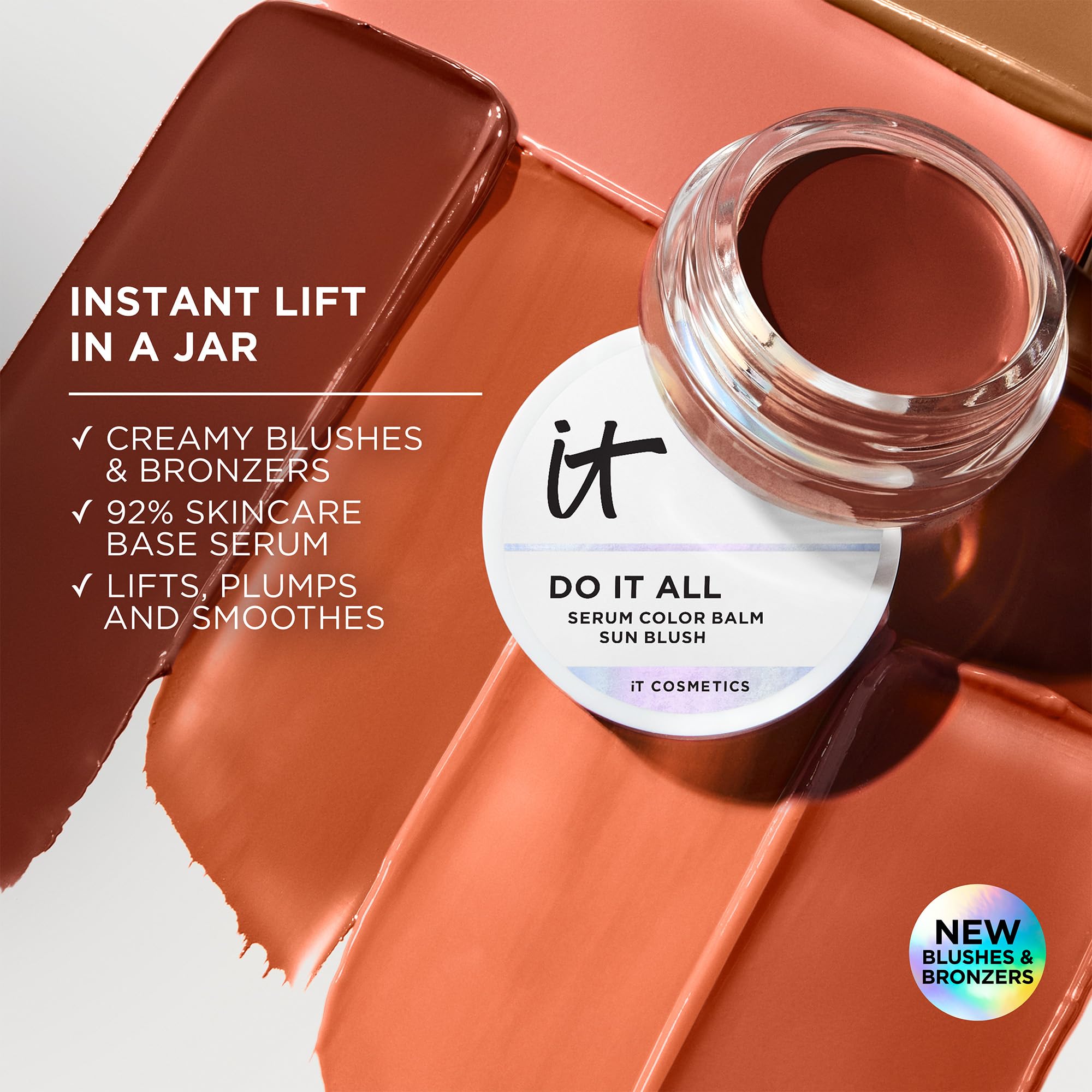 IT Cosmetics Do It All Serum Color Balm Sun Rush blended on skin for natural lift.