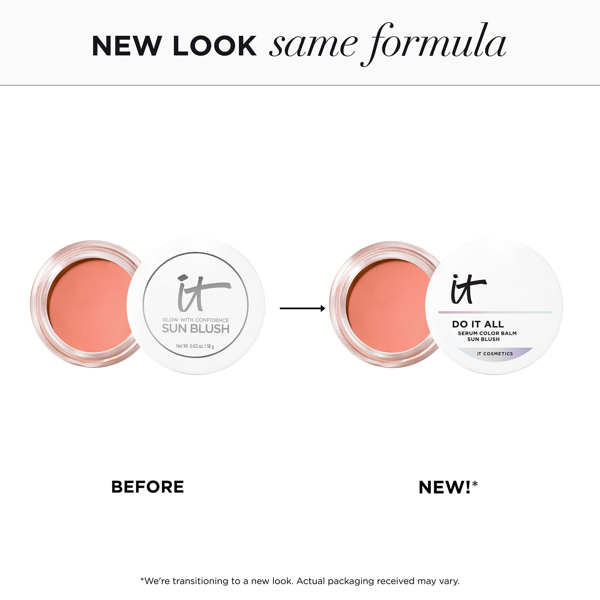 IT Cosmetics Do It All Serum Color Balm Sun Rush tube close-up shows creamy texture.