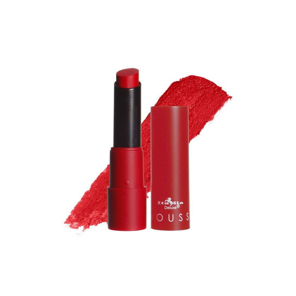 Italia Deluxe mousse lipstick application on lips for smooth, comfortable wear