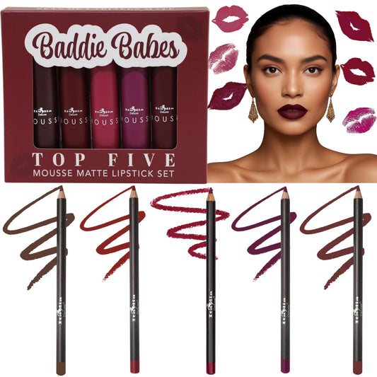 Italia Deluxe Top Five Lip Kit packshot highlighting bold mousse lip colors for all-day wear.