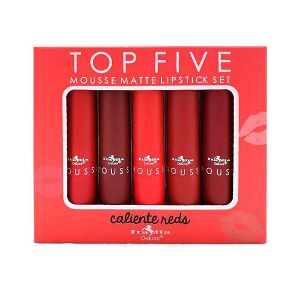 Italia Deluxe Top Five Mousse Matte Lipstick Stiletto swatch showing velvety matte texture