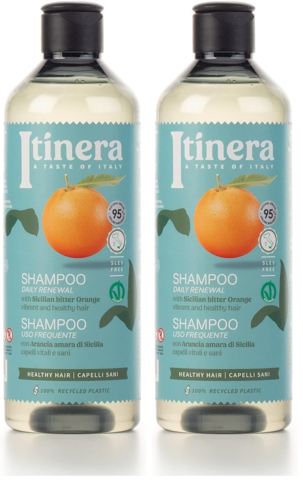 ITÍNERA Itinera Daily Renewal Shampoo bottle shows vegan, natural-origin formula for gentle cleansing.