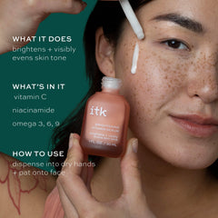 ITK Niacinamide serum ingredient panel close-up shows brightness support