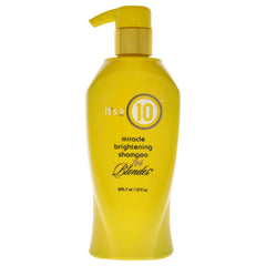 It's a 10 Haircare Miracle Brightening Shampoo bottle brightens blonde highlights with lightweight shine.