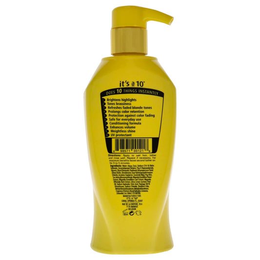 It's a 10 Haircare Miracle Brightening Shampoo foamy lather showcases even tone and color protection.