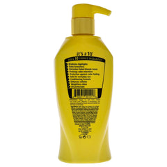 It's a 10 Haircare Miracle Brightening Shampoo foamy lather showcases even tone and color protection.