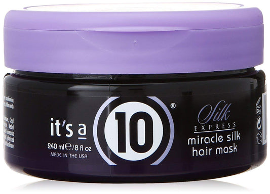Its 10 Haircare Silk Express Miracle Hair Mask bottle for deep conditioning and silky shine.