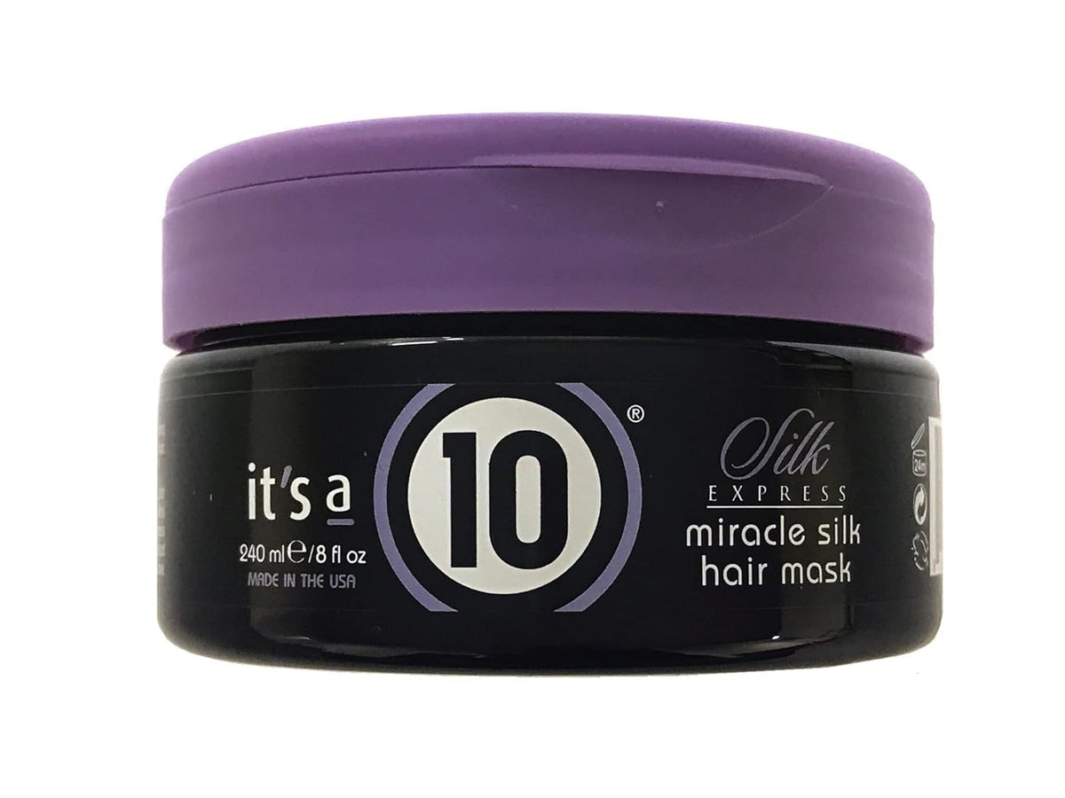 It's 10 Haircare Silk Express Miracle Silk Hair Mask bottle pouring for instant hydration and shine