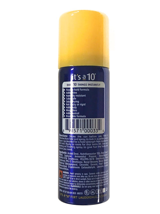 It's a 10 Miracle Finishing Spray application shot, showing tame flyaways and humidity resistance for lasting style.