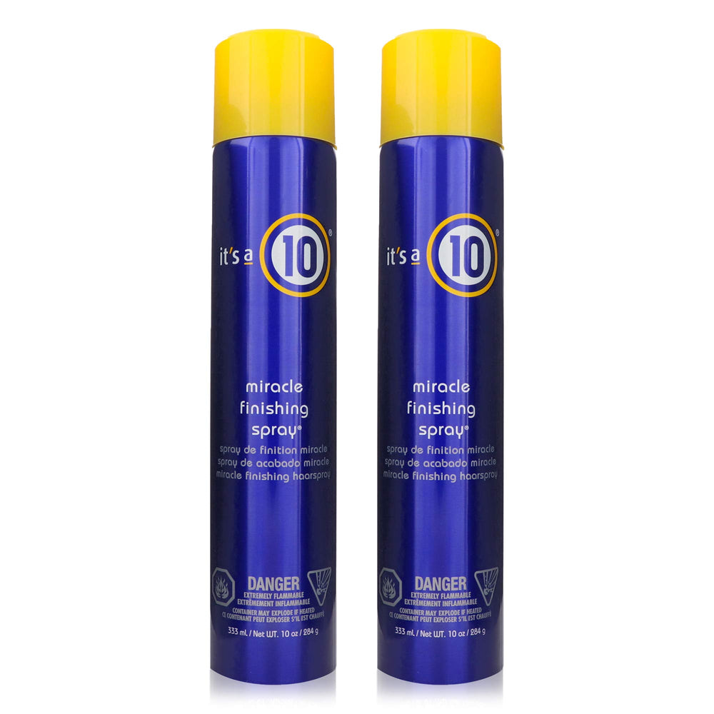 It's a 10 Miracle Finishing Spray bottle showing a glossy finish and flexible hold