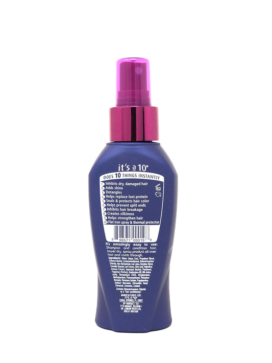 It's a 10 Haircare Miracle Leave-In bottle in use, highlighting detangling and added body.