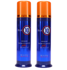 It's a 10 Haircare Miracle Leave-In Potion Plus Keratin bottle showing frizz control and shine.
