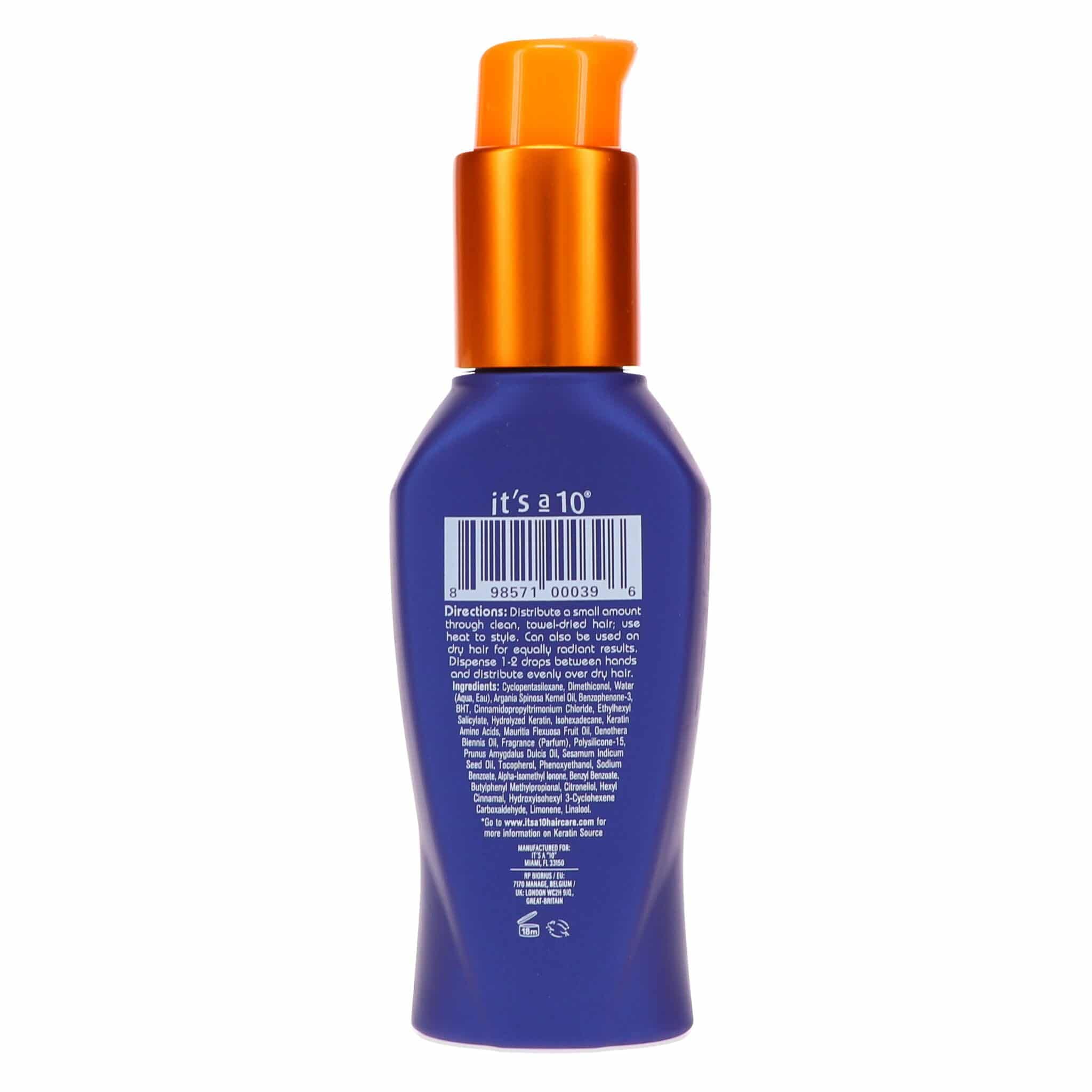 It's a 10 Haircare Miracle Oil Plus Keratin bottle with pour, nourishing dry strands and reviving shine.