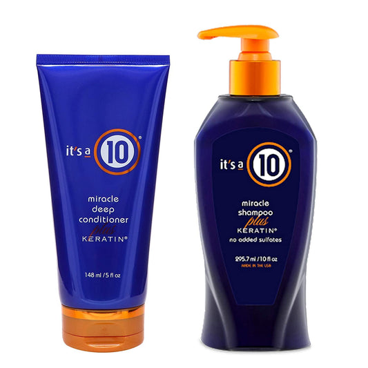 It's A 10 Miracle Shampoo bottle showing keratin benefits for stronger, smoother hair.