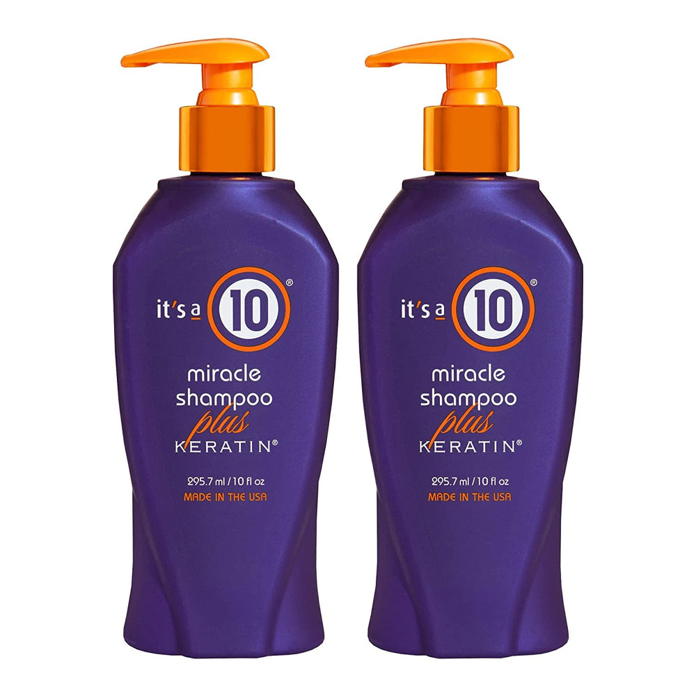 Its A 10 Miracle Shampoo with Keratin bottle highlights heat protection and daily conditioning.