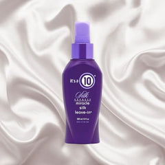 It's a 10 Silk Express Leave-In spray illustrating quick styling and frizz reduction.